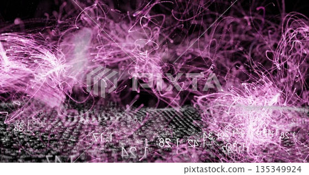 Swirling purple-pink light trails floating in virtual digital space, with white alphanumeric code 135349924