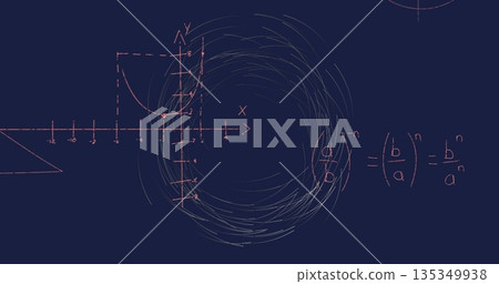 Displaying chalkboard math sketches with axes, parabola, swirling vectors and exponent rule text 135349938