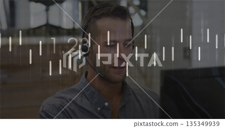 Monitoring agent wearing headset sitting at desk with screen in office, viewing overlay charts Monitoring agent wearing headset sitting at desk with screen in office, viewing overlay charts 135349939