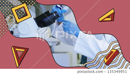 Gloved technician in lab coat manipulating pipette and adjusting microscope lens in lab with tube Gloved technician in lab coat manipulating pipette and adjusting microscope lens in lab with tube 135349951