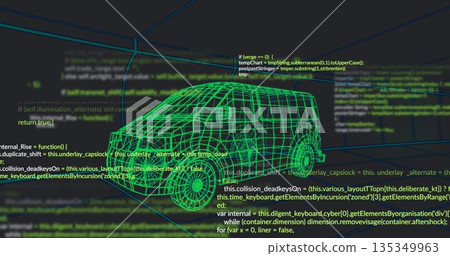 Displaying neon green wireframe 3D car model in dark-mode workspace, with floating code panels Displaying neon green wireframe 3D car model in dark-mode workspace, with floating code panels 135349963