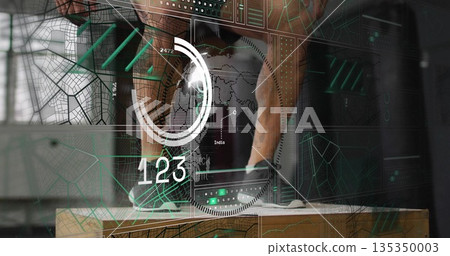 Jumping man stepping onto wooden plyometric box at fitness studio, with sneakers, digital overlays 135350003