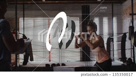 Stepping female athlete climbing onto plyometric box in gym with coach clipboard pen, copy space 135350017