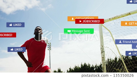 Kicking soccer player wearing red kit near white goal net, with social media icons, copy space Kicking soccer player wearing red kit near white goal net, with social media icons, copy space 135350026