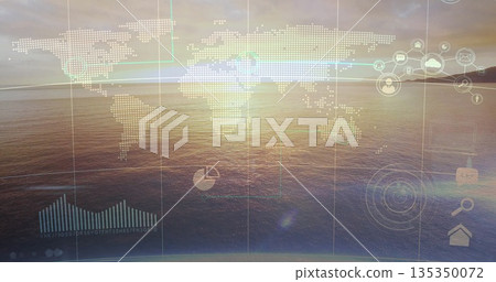 Floating dotted map overlay over ocean horizon at sunrise, with pie chart and bar graph icons Floating dotted map overlay over ocean horizon at sunrise, with pie chart and bar graph icons 135350072