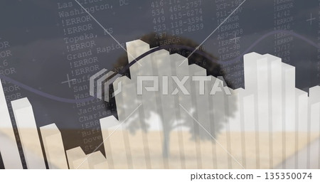 Showing rising 3D bars and curved line graph on dashboard with tree and city error codes 135350074