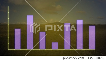 Displaying 7 purple translucent bars rising over rural field in warm light, showing neon green axes 135350076