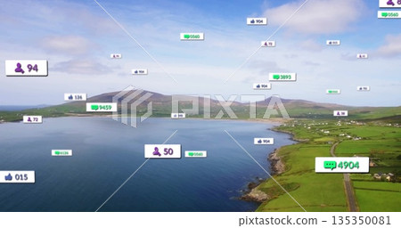 Social icons hovering over coastal bay, with green chat icons, purple user badges, blue thumbs-up Social icons hovering over coastal bay, with green chat icons, purple user badges, blue thumbs-up 135350081