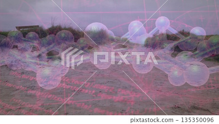 Overlaying 3D molecular model with pink code lines on coastal dune with grass and boardwalk Overlaying 3D molecular model with pink code lines on coastal dune with grass and boardwalk 135350096