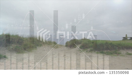 Winding sandy pathway cutting through grassy dunes at coastal dune area, with overcast sky 135350098