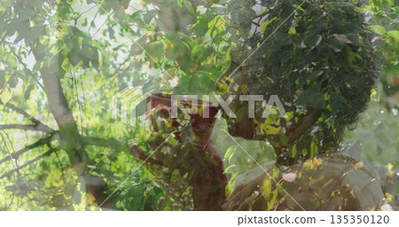 Sipping senior woman holding ceramic mug near lips at wooded backyard, with branch and leaf overlay Sipping senior woman holding ceramic mug near lips at wooded backyard, with branch and leaf overlay 135350120