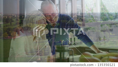 Embracing senior couple browsing tablet at home kitchen counter, with French press and park overlay Embracing senior couple browsing tablet at home kitchen counter, with French press and park overlay 135350121