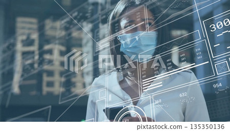 Studying mid adult woman wearing eyeglasses and mask analyzing holographic data panels in tech lab Studying mid adult woman wearing eyeglasses and mask analyzing holographic data panels in tech lab 135350136