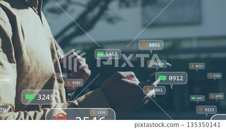 Checking smartphone alerts, commuter wearing backpack and jacket at entrance, icons, copy space Checking smartphone alerts, commuter wearing backpack and jacket at entrance, icons, copy space 135350141