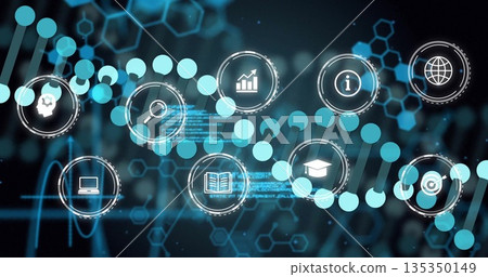 Displaying horizontal DNA helix in digital interface, with nine science and tech icons 135350149