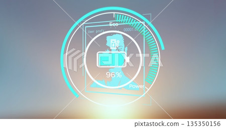 Displaying UI showing battery icon at 96% on backdrop with profile silhouette and progress rings 135350156