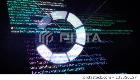 Spinning circular loading spinner overlaying code editor view, with scrolling JavaScript code text Spinning circular loading spinner overlaying code editor view, with scrolling JavaScript code text 135350157
