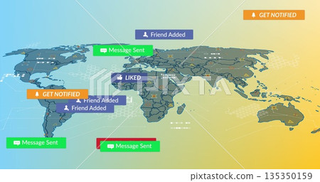 Displaying world map on gradient background, with notifications, hex grid and circuit lines 135350159