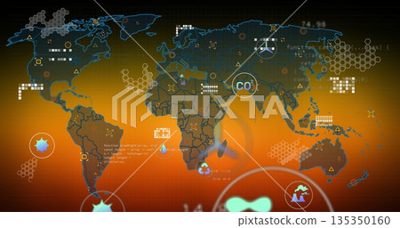 Displaying world map overlaying environmental metrics on digital dashboard interface with CO2 label Displaying world map overlaying environmental metrics on digital dashboard interface with CO2 label 135350160
