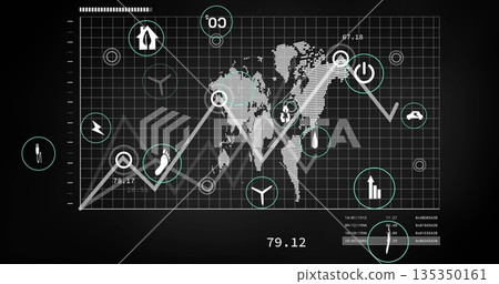 Displaying dashboard on screen showcasing world map grid with line graph, icons and numeric table Displaying dashboard on screen showcasing world map grid with line graph, icons and numeric table 135350161
