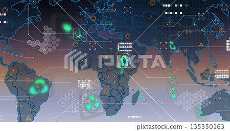 Digital world map showing heatmap spots, hex grids, warning markers and eco icons in dashboard UI 135350163