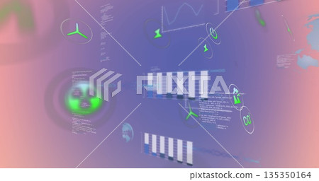 Displaying central white-blue chart cluster pulsing on gradient interface, with green energy icons Displaying central white-blue chart cluster pulsing on gradient interface, with green energy icons 135350164
