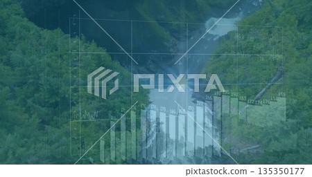 Displaying bar chart overlaying mountain valley with waterfall, sun starburst numeric labels 135350177
