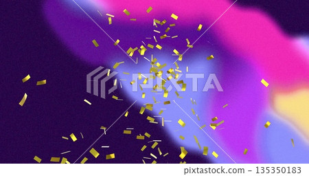 Drifting golden metallic confetti fragments over multicolor gradient backdrop, adding festive vibe Drifting golden metallic confetti fragments over multicolor gradient backdrop, adding festive vibe 135350183