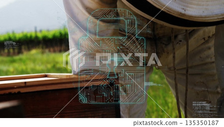 Beekeeper in suit and veil leaning over beehive box in apiary with padlock graphic, copy space Beekeeper in suit and veil leaning over beehive box in apiary with padlock graphic, copy space 135350187
