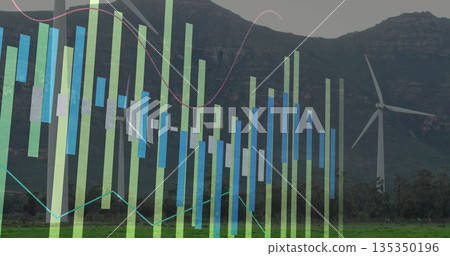 Rotating wind turbine on grassy field at mountain base, with bar and line overlays, copy space Rotating wind turbine on grassy field at mountain base, with bar and line overlays, copy space 135350196