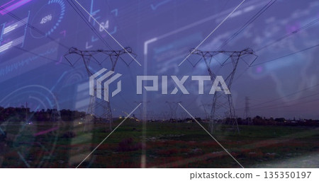 Standing steel power line towers receding across grassy field at dusk, with digital overlay Standing steel power line towers receding across grassy field at dusk, with digital overlay 135350197