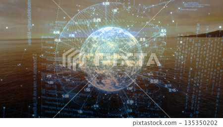 Floating Earth globe above sea at sunset showing numeric data labels, code streams, orbital paths Floating Earth globe above sea at sunset showing numeric data labels, code streams, orbital paths 135350202