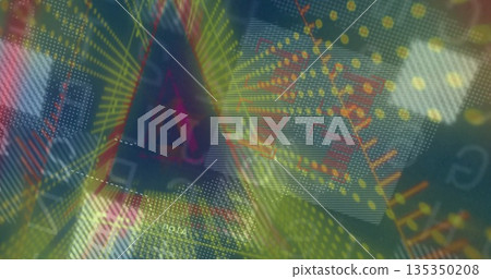 Translucent triangle interface pulsing neon radial lines in dashboard, with numeric characters Translucent triangle interface pulsing neon radial lines in dashboard, with numeric characters 135350208