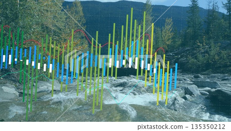 Displaying colored bar chart overlay rising from mountain stream, with red and teal line graphs 135350212