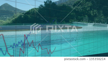 Displaying rectangular swimming pool reflecting chart overlays on hillside pool deck, with barrier Displaying rectangular swimming pool reflecting chart overlays on hillside pool deck, with barrier 135350214