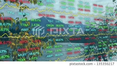 Displaying glass overlay showing data at waterfront, with tickers, line graphs and leafy branch Displaying glass overlay showing data at waterfront, with tickers, line graphs and leafy branch 135350217