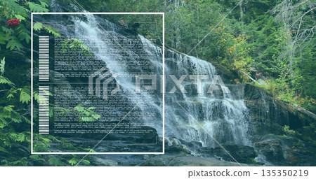Cascading waterfall streaming over moss-covered rock tiers in forest gorge, with UI overlay Cascading waterfall streaming over moss-covered rock tiers in forest gorge, with UI overlay 135350219