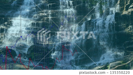 Cascading multi-tiered waterfall over rock ledges at forest cliff, with blue and red chart overlays Cascading multi-tiered waterfall over rock ledges at forest cliff, with blue and red chart overlays 135350220