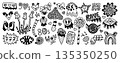 Black line psychedelic doodle hand drawn vector set. Monochrome outline isolated symbols. Mushrooms, lips, eyes, hearts, ghosts, whimsical characters, abstract shapes. Vector groovy retro cliparts 135350250