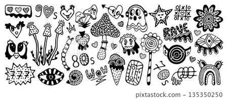 Black line psychedelic doodle hand drawn vector set. Monochrome outline isolated symbols. Mushrooms, lips, eyes, hearts, ghosts, whimsical characters, abstract shapes. Vector groovy retro cliparts Black line psychedelic doodle hand drawn vector set. Monochrome outline isolated symbols. Mushrooms, lips, eyes, hearts, ghosts, whimsical characters, abstract shapes. Vector groovy retro cliparts 135350250