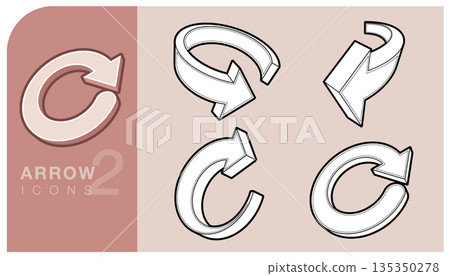 3d isometric refresh arrow icons set. Collection of curved arrows in different perspectives, symbolizing reload, recycle, or circular actions in style. Vector Illustration. 135350278