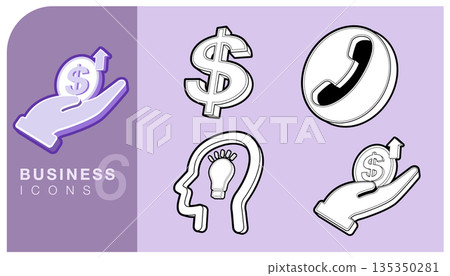 Set of business and finance icons. Money growth in hand, investment, creative idea and strategy, and contact support phone call. Ideal for web, apps, presentations, and financial design. Vector EPS. Set of business and finance icons. Money growth in hand, investment, creative idea and strategy, and contact support phone call. Ideal for web, apps, presentations, and financial design. Vector EPS. 135350281