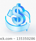3D icon of a glossy, futuristic dollar sign encircled by two vibrant blue arrows, symbolizing money flow, circulation, return on investment or global financial exchange. Vector illustration. 135350286