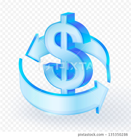 3D icon of a glossy, futuristic dollar sign encircled by two vibrant blue arrows, symbolizing money flow, circulation, return on investment or global financial exchange. Vector illustration. 3D icon of a glossy, futuristic dollar sign encircled by two vibrant blue arrows, symbolizing money flow, circulation, return on investment or global financial exchange. Vector illustration. 135350286