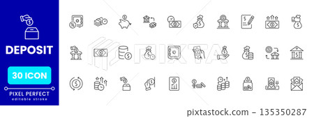 Deposit icon set, money savings banking symbols, financial payment deposit illustrations, modern flat vector icons for apps and web Deposit icon set, money savings banking symbols, financial payment deposit illustrations, modern flat vector icons for apps and web 135350287