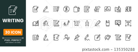 Writing icon set, pen pencil note symbols, content creation and education icons, modern flat vector illustrations for web and app Writing icon set, pen pencil note symbols, content creation and education icons, modern flat vector illustrations for web and app 135350288