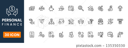 Personal finance icon set, money management budgeting savings symbols, financial planning icons, modern flat vector for apps and web 135350330