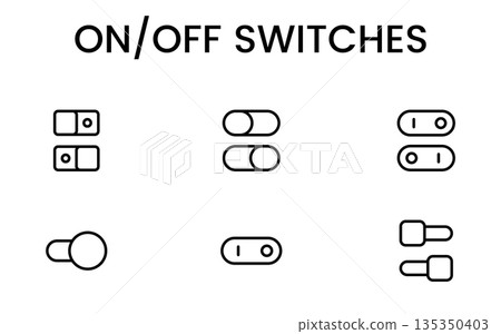 Modern on/off switch icon set featuring toggle buttons, power controls, UI switches and minimal interface elements designed for apps, web and dashboards. Modern on/off switch icon set featuring toggle buttons, power controls, UI switches and minimal interface elements designed for apps, web and dashboards. 135350403