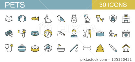 Pet icon set: dog, cat, bird, fish, hamster, rabbit, medical, color 135350431