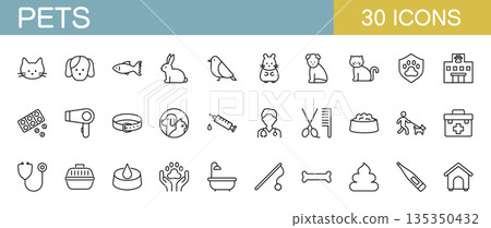 Pet icon set: dog, cat, bird, fish, hamster, rabbit, medical care 135350432